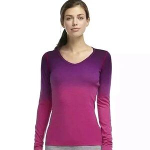 Icebreaker Merino Wool Bodyfit 200 Base Layer V-Neck Top XS Pink Purple Ombré